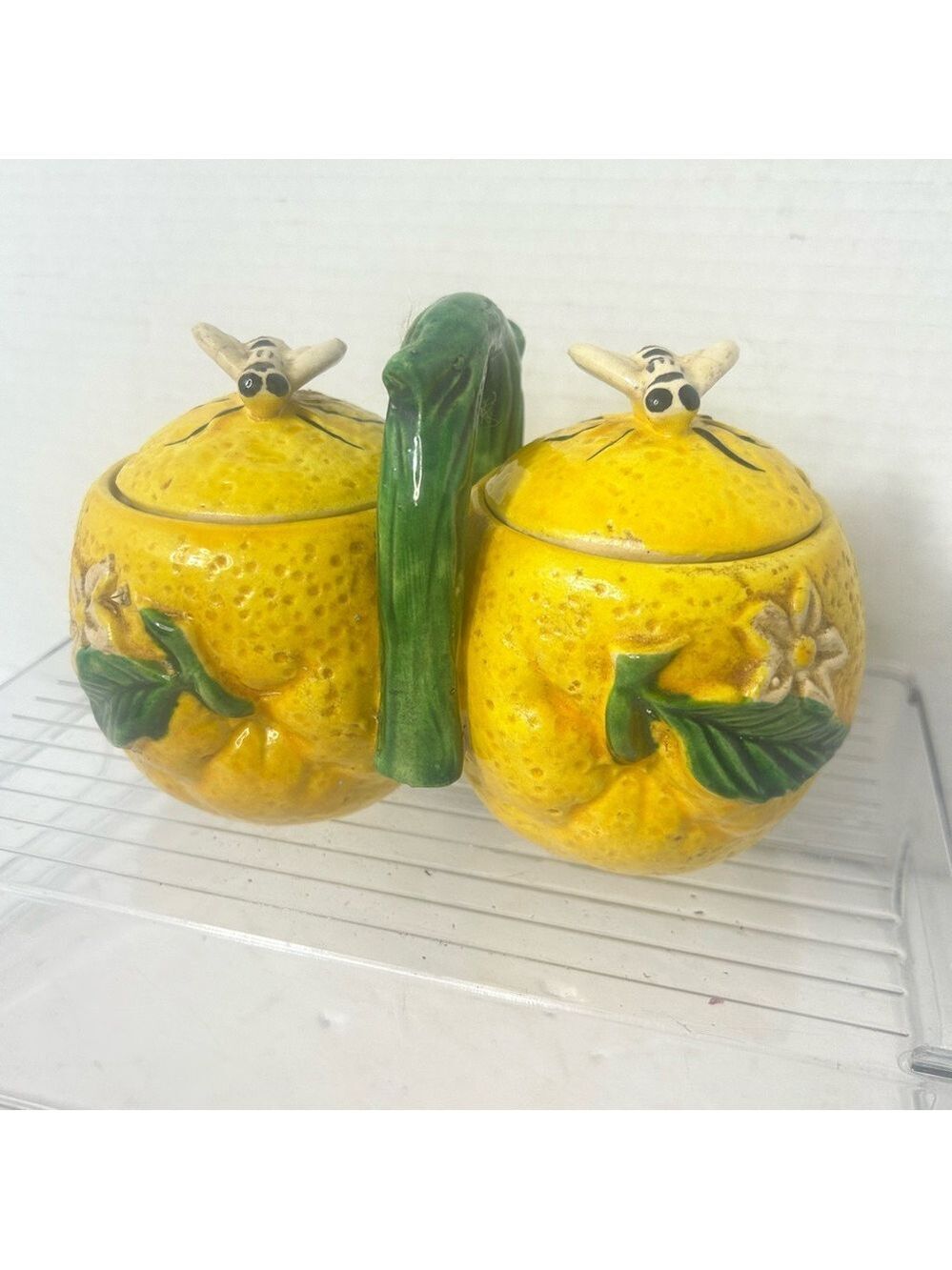 Vintage Yellow Lemon Bees Floral Ceramic Condiment Set Made Japan Handpainted